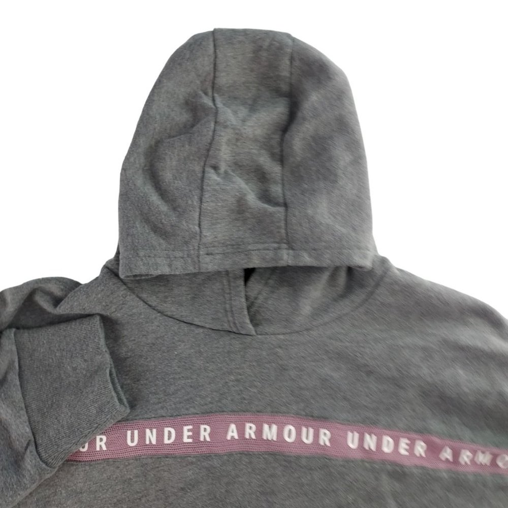 Under Armour Hoodie Womens Small Gray Pink Logo Tape Cropped Fleece Sweatshirt